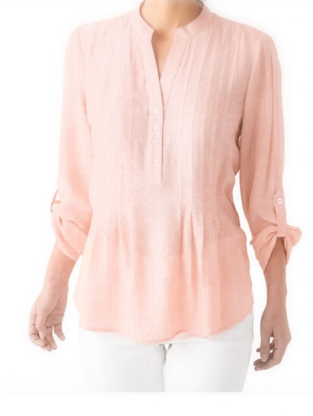New Pink Gardenia Women's Pleated V-Neck 3/4" Roll Sleeve Tunic Top Blouse